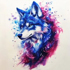 Poster - Majestic wolf silhouetted against a striking red and blue abstract background in artistic design