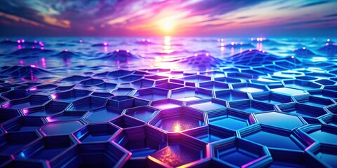 Leinwandbilder - Abstract Hexagonal Structure Reflecting Vibrant Sunset Over a Serene Waterscape