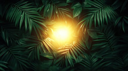 Poster - A bright light illuminating the heart of a dense jungle creating a mystical and enchanting scene