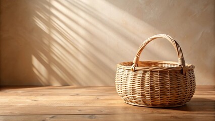 Poster - Sunlit Wicker Basket on Wooden Surface, Rustic Still Life Photography