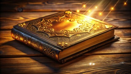 Poster - An Ornate Antique Book Rests on a Wooden Surface, Illuminated by a Glowing Light