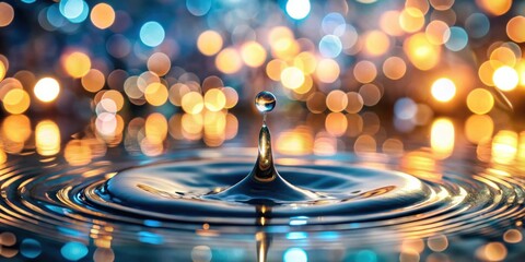 Aufkleber - A single water droplet impacting a still surface, creating mesmerizing concentric ripples against a backdrop of warm and cool bokeh lights.
