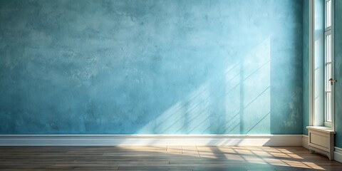 Fototapete - Sunlit Room with Textured Teal Wall and Hardwood Floor