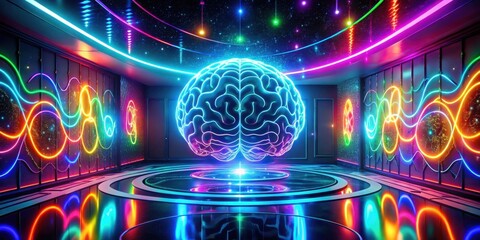 Aufkleber - A vibrant, futuristic chamber showcases a luminescent brain, encircled by a dazzling array of neon lights and intricate patterns, creating a captivating spectacle of imagination and innovation.