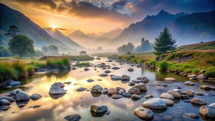 Poster - Serene Sunrise over a Calm River Winding Through a Misty Mountain Valley