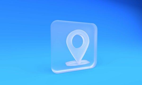 Frosted glass Map pin icon isolated on blue background. Navigation, pointer, location, map, gps, direction, place, compass, search concept. Square frosted glass button. 3D render illustration