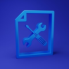 Poster - Blue File document with screwdriver and wrench icon isolated on blue background. Adjusting, service, setting, maintenance, repair, fixing. Minimalism concept. 3D render illustration