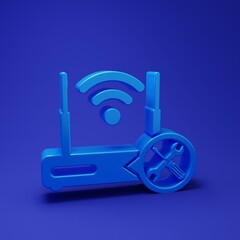 Poster - Blue Router wi-fi with screwdriver and wrench icon isolated on blue background. Adjusting, service, setting, maintenance, repair, fixing. Minimalism concept. 3D render illustration