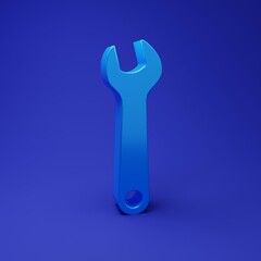 Poster - Blue Wrench icon isolated on blue background. Spanner repair tool. Service tool symbol. Minimalism concept. 3D render illustration