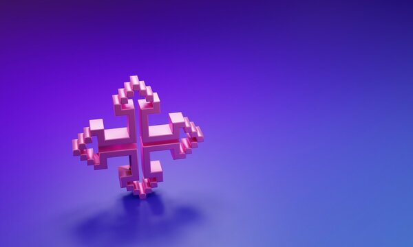 Pink Pixel arrows in four directions icon isolated on purple-blue background. Cursor move sign. Minimalism concept. 3D render illustration