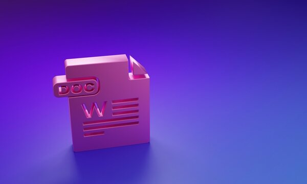 Pink DOC file document. Download doc button icon isolated on purple-blue background. DOC file extension symbol. Minimalism concept. 3D render illustration