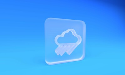 Poster - Frosted glass Cloud with rain icon isolated on blue background. Rain cloud precipitation with rain drops. Square frosted glass button. 3D render illustration