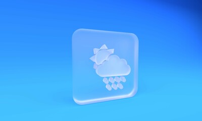 Poster - Frosted glass Cloud with rain and sun icon isolated on blue background. Rain cloud precipitation with rain drops. Square frosted glass button. 3D render illustration