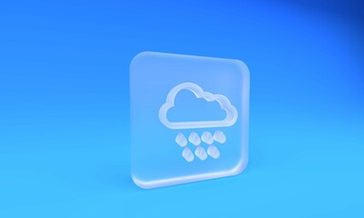 Poster - Frosted glass Cloud with rain icon isolated on blue background. Rain cloud precipitation with rain drops. Square frosted glass button. 3D render illustration