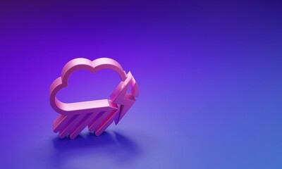 Poster - Pink Cloud with rain and lightning icon isolated on purple-blue background. Rain cloud precipitation with rain drops.Weather icon of storm. Minimalism concept. 3D render illustration