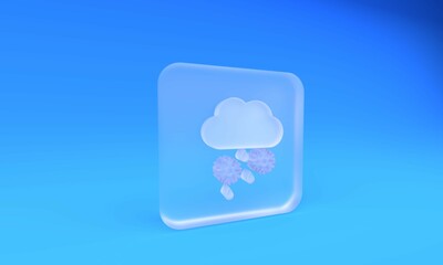 Poster - Frosted glass Cloud with snow and rain icon isolated on blue background. Weather icon. Square frosted glass button. 3D render illustration
