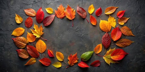 Poster - Autumnal foliage arranged in a circular frame against a dark textured backdrop