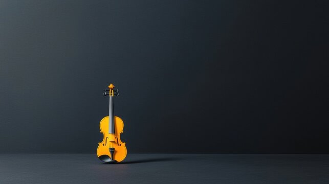 A single yellow violin with a black bow and chin rest stands against a dark gray background.