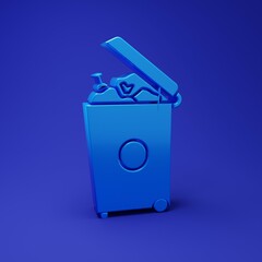 Poster - Blue Trash can icon isolated on blue background. Garbage bin sign. Recycle basket icon. Office trash icon. Minimalism concept. 3D render illustration