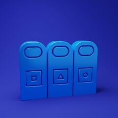 Poster - Blue Trash in garbage cans with sorted garbage icon isolated on blue background. Recycle basket icon. Minimalism concept. 3D render illustration