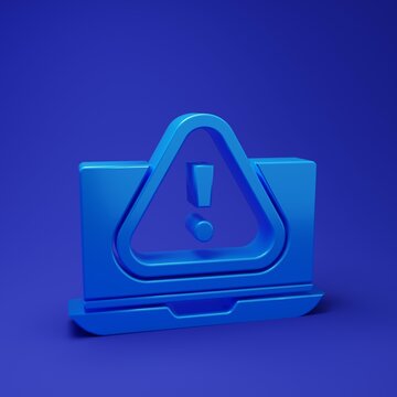 Blue Laptop with exclamation mark icon isolated on blue background. Alert message smartphone notification. Minimalism concept. 3D render illustration