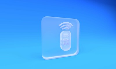 Poster - Frosted glass Smart remote control system icon isolated on blue background. Internet of things concept with wireless connection. Square frosted glass button. 3D render illustration