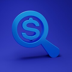 Poster - Blue Magnifying glass and dollar icon isolated on blue background. Find money. Looking for money. Minimalism concept. 3D render illustration