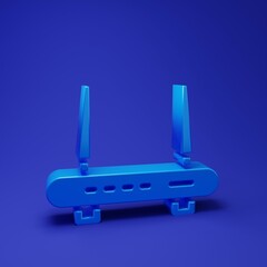 Poster - Blue Router and wi-fi signal icon isolated on blue background. Wireless ethernet modem router. Computer technology internet. Minimalism concept. 3D render illustration