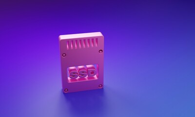 Poster - Pink SSD card icon isolated on purple-blue background. Solid state drive sign. Storage disk symbol. Minimalism concept. 3D render illustration