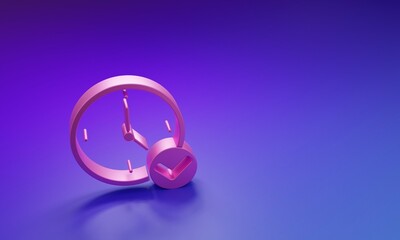 Poster - Pink Clock icon isolated on purple-blue background. Time symbol. Minimalism concept. 3D render illustration