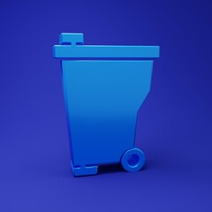 Poster - Blue Trash can icon isolated on blue background. Garbage bin sign. Recycle basket icon. Office trash icon. Minimalism concept. 3D render illustration