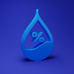 Poster - Blue Water drop percentage icon isolated on blue background. Humidity analysis. Minimalism concept. 3D render illustration