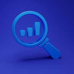 Poster - blue magnifying glass and data analysis icon isolated on blue background. minimalism concept. 3d ren