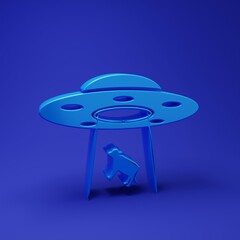 Poster - Blue UFO abducts cow icon isolated on blue background. Flying saucer. Alien space ship. Futuristic unknown flying object. Minimalism concept. 3D render illustration