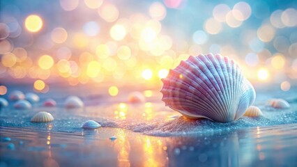 Poster - Seashells on a sandy shore at sunset, bathed in warm, glowing light, reflecting the ocean's tranquil beauty