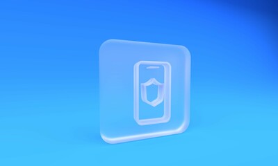 Fototapete - Frosted glass Smartphone, mobile phone with security shield icon isolated on blue background. Security, safety, protection concept. Square frosted glass button. 3D render illustration