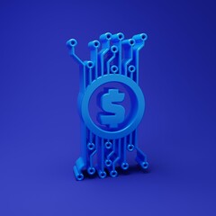 Poster - Blue Cryptocurrency bitcoin in circle with microchip circuit icon isolated on blue background. Blockchain technology, digital money market. Minimalism concept. 3D render illustration