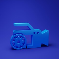 Poster - Blue Video camera and gear icon isolated on blue background. Adjusting app, service concept, setting options, maintenance, repair, fixing. Minimalism concept. 3D render illustration