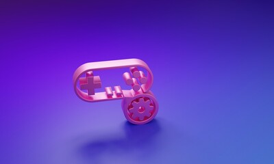 Poster - Pink Gamepad and gear icon isolated on purple-blue background. Adjusting app, service concept, setting options, maintenance, repair, fixing. Minimalism concept. 3D render illustration