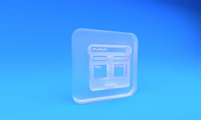 Poster - Frosted glass Online translator icon isolated on blue background. Foreign language conversation icons in chat speech bubble. Translating concept. Square frosted glass button. 3D render illustration