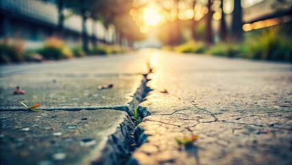 Poster - Sunlit Crack in the Pavement, Pathway to the Golden Hour, Plants Emerging Through Stone