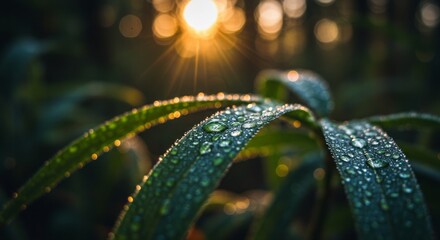 Poster - Close-up of dew drops on green leaves with sunburst background
