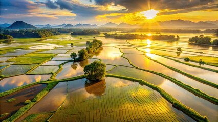 Poster - Golden Hour Serenity Aerial View of Lush Rice Terraces Reflecting a Vibrant Sunset