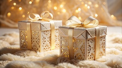 Poster - Elegant golden gift boxes with intricate designs rest on a soft, plush surface, illuminated by a warm, festive glow.
