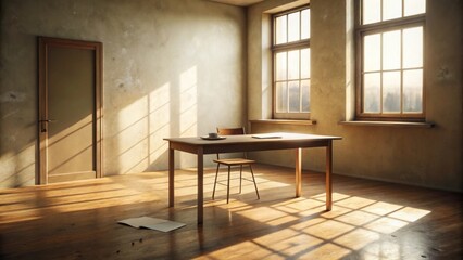 Leinwandbilder - Sunlit Room with Wooden Table and Chair, Simple Minimalist Interior Design Featuring Warm Light and Natural Wood Accents