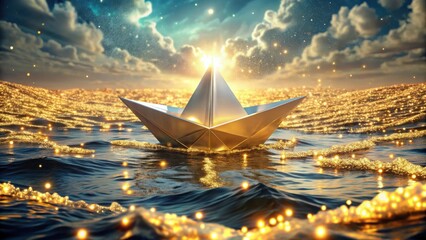 Poster - A shimmering metallic origami boat sails serenely across a sea of golden light, under a celestial sky filled with sparkling stardust.