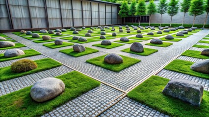 Aufkleber - Serene Courtyard Design Geometrically Arranged Boulders and Lush Green Lawns Create a Tranquil and Harmonious Outdoor Space