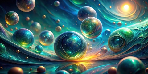 Poster - Cosmic Spheres A Kaleidoscope of Celestial Orbs Floating in a Dreamlike Nebula