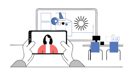 Poster - aeronautics factory office meeting room: engineer holds tablet computer showing augmented reality airplane jet engine to a female manager modern industry 40 research and development test 40053210 1