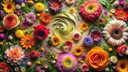Poster - Vibrant Floral Arrangement with a Swirling Centerpiece of Delicate Petals and a Diverse Collection of Blossoms in a Colorful Tapestry